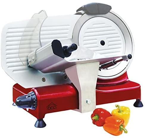 DCG Eltronic AS2495 AS2495-Affettatrice Elettrica 400W, Motore ad induzione, Lama in Acciaio, Diametro 25cm, Corpo in Alluminio pressofuso, Colore Rossa, 400 W, Stainless Steel, Argento