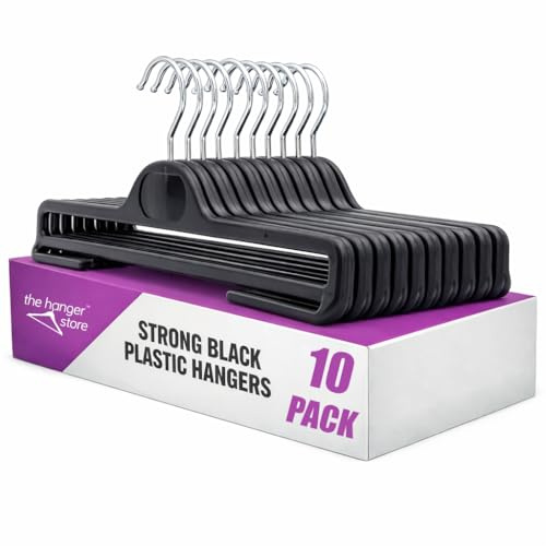 The Hanger Store 10 Black Plastic Coat Hangers with Bar for Trousers-Choose Pack Size & Colour