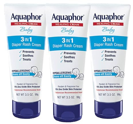 Aquaphor Baby Diaper Rash Cream, 3-in-1 Diaper Rash Relief, 3.5 Oz Tube, (Pack of 3)