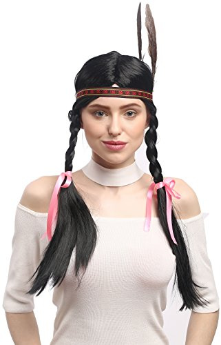 WIG ME UP - WG-7001-ZA103 Perücke Damen Schwarz Karneval Fasching Indianer Indianerin lange geflochtene Zöpfe Stirnband Feder 60 cm