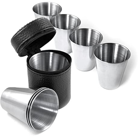 Ganzoo Shot-Becher Edelstahl 60ml im 4er Set, unzerbrechlich & spülmaschinenfest, lebensmittelecht geschmacksneutral, inkl. tragbarem Leder-Etui mit Reißverschluss