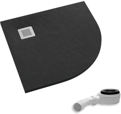 AQUABAD Duschwanne/Duschtasse Palast mit LeakProtect Technologie Black Stone 90x90cm Viertelkreis R55 - Blende: polierter Stahl | inkl. Ablaufgarnitur/Siphon