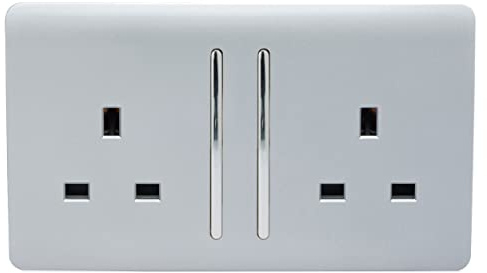Trendi 2 Gang Raised Artistic Modern Glossy Screwless 13 Amp Single Pole with Chrome Switched UK Standard Electrical Double Wall Plug Socket in Platinum Silver - ART-SKT213LSI