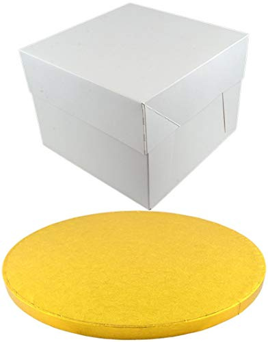 Round Coloured Drum Cake Board and White Transporting Box (8 Inch, Gold)