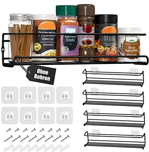 Deco haus® Gewürzregal Wand ohne Bohren - Gewürzregal Hängend 4er Set - Gewürzregale Ohne Bohren Schwarz - Gewürzhalter - Gewürzregale Schranktür - Spice Rack Organizer - 29 x 6,35 x 5 cm