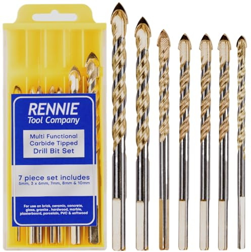 Rennie Tools 7 Pc Multi-Material Tile Drill Bits Set 5mm 6mm 7mm 8mm 10mm | TCT Carbide Tipped Drill Bits. For Ceramic Porcelain Brick Concrete Glass Plastic Granite Marble Etc with Storage Box.