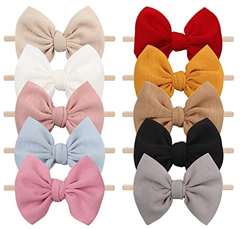 YanJie 4.5'' Nylon Bow Headbands for Baby Girls - Handmade Tied Bows Hair Accessories for Infants and Toddlers - 10 Pieces