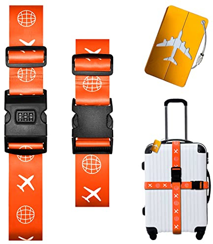 Koffergurte 2 Stück, Verstellbare Kofferband mit zahlenschloss und Adressschild, Kreuzgurt Kofferbänder für Koffer, Reisezubehör Gepäckgurt Luggage Strap zum Sicheren Verschließen (Orange)