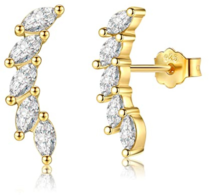 Silver Stud Earrings for Women, 5 CZ Cubic Zirconia Marquise Curved Climber Leaf Cluster Crawler Cartilage Earrings Upper Ear Helix Piercing Tragus Studs Gifts for Her Birthday Valentines Anniversary, Silver/Gold/Rose Gold/Purple/Green/Blue/Pink