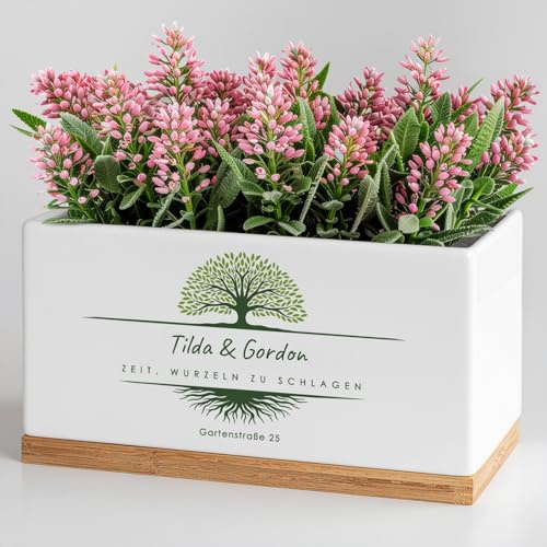 Maverton Keramik Blumentopf mit Untersetzer - Pflanzkübel mit Aufdruck - Übertopf rechteckig - Dekotopf für Paare - zur Hochzeit - zum Hochzeitstag - personalisiert - Weiß - Wurzeln