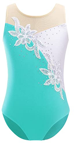 iEFiEL Mädchen Turnanzug Glitzer Gymnastikanzug ÄrmellosTurnanzug Glänzend Trikotanzug Gymnastik Leotard Training Gymnastikbody Himmelblau 134-140