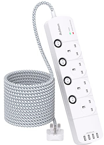 Extension Lead with USB Slots, 4 Way Socket Outlets Power Strips with 4 USB, 1050J Surge Protection Multi Plug Extension with Braided Extension Cable for Home, Office, Individually Switched, White