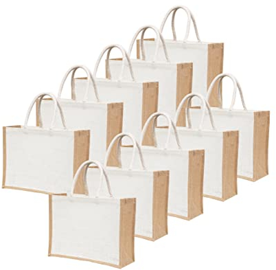 10 Pack Reusable Jute Burlap Tote Bags, 15.8X11.9X5.9 Inches, Eco-Friendly Shopping and Beach Bags with Handles Bridesmaid Gift Tote, Wedding Favor Totes, Return Gift Bag