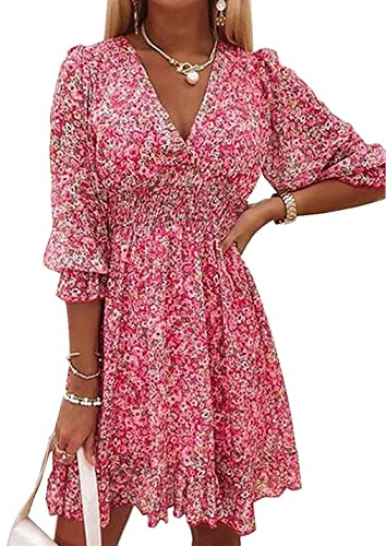 ABYOVRT Mujer Vestido Bohemio Corto Florales Nacional Verano Vestido Casual Magas Cortas Chic de Noche Playa Vacaciones,Rojo,M
