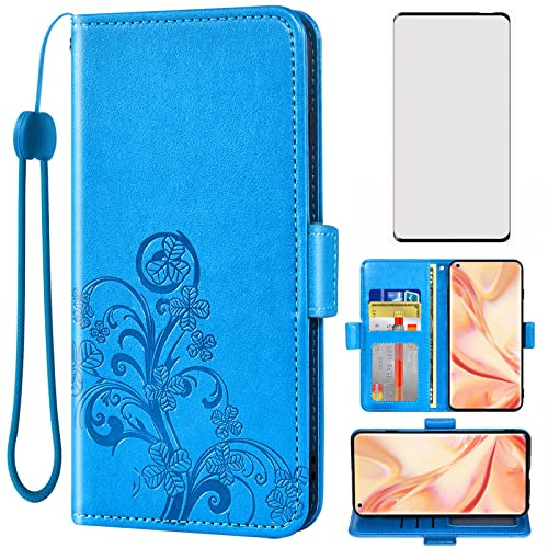 Asuwish Compatible with OPPO Find X2 Pro Wallet Case and Tempered Glass Screen Protector Flip Purse Accessories Leather Wrist Strap Credit Card Holder Stand Cell Phone Cover for CPH2025 Women Men Blue