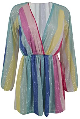 Mercatoo Bunt gestreifter Jumpsuit mit Pailletten, tiefer V-Ausschnitt, langärmelig, Overall, Shorts, trägerlose Hose für Damen