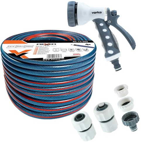 REXXER Gartenschlauch-Set 50 m, 3/4 Zoll, 4-lagig, 7-fach Sprühpistole | UV-beständig, flexibel, 7-fach Sprühpistole, Schnellkupplungen, Wasserhahnanschluss