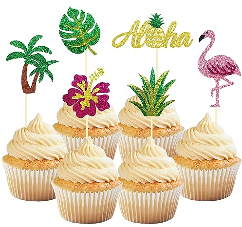 24 Stück Glitzer Tropische Hawaii Cupcake Topper, Flamingo Tortendeko, Aloha Cupcake Topper für Hawaii Aloha Luau Poolparty Sommerparty Dekoration (Aloha grün)