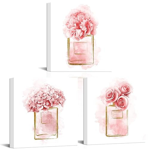 Pink Floral Wall Art – Fashion Roses Carnations Hyazinthe Flowers In Perfume Bottle Paintings Canvas Wall Art For Bathroom Framed Womens Girls Dressing Room Wall Decor12 X12 X3 (Pink)