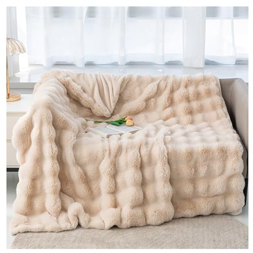 Ergocar Filt i fuskkaninpäls, vändbar, mjuk, varm prydnadsfilt, elegant, mysig prydnadsfilt för din soffa, säng, fåtölj, trädgård med mera
