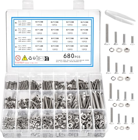 KOXXIAMOQ Set di 680 Pezzi M3 M4 M5 M6 - Bulloni, Dadi e Rondelle - Viti a Testa Svasata e Piatta - Assortimento per Macchine