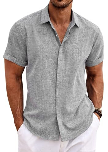 COOFANDY linneskjorta för herrar, kortärmad skjorta med knappar i regular fit, fritidsskjorta, sommar, strandlinne, GRÅ, 3XL