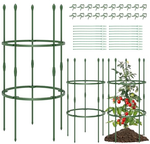 COSTWAY Tomaten Rankhilfe 3er Set, ∅50cm | verstellbare Höhe | 2 Ringe, Tomatenkäfig Pflanzenkäfig Garten, Pflanzenstütze für Kletterpflanzen Gurken Blumen, Metall & Kunststoff, Grün (102cm hoch)