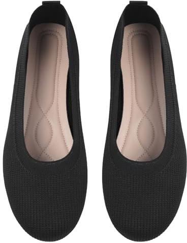 OFFCUP Damen Ballerinas Knit Kleid Schuhe Runde Zehe, Flats, Slip On, Maschenware Bequem Weich Ballerina Schwarz - 38
