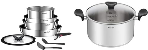 Tefal Ingenio Batterie de cuisine 8 pièces, Poêles, Casseroles, Poignée amovible, Induction & Faitout 24 cm (5 L) + couvercle verre, Induction, Acier inoxydable haute qualité