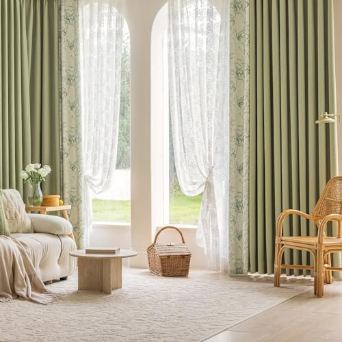 Beydodo Verdunkelungsvorhang Kinderzimmer 132x274CM, Vorhang Blickdicht Ösen 2er Set Bedruckt mit Blumen Motiv Zweifarbig Chenille Gardinen Verdunkelnd Kinderzimmer Wohnzimmer Grün