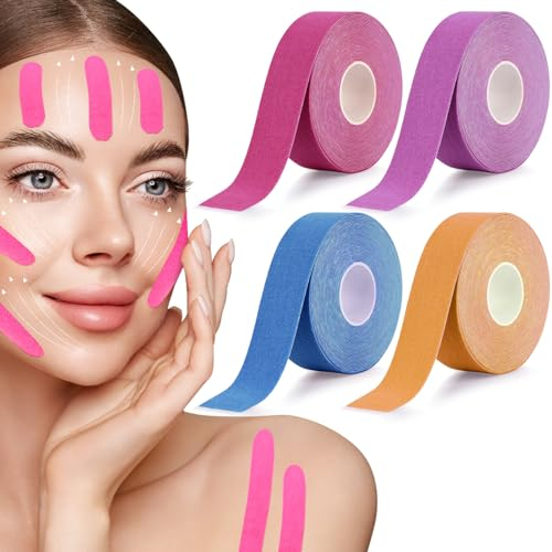 TRUEIN 4 Piezas Cintas Kinesiologicas Faciales, 2.5cm x 5m Cinta de Levantamiento Facial, Kinesiotape Facial, Cinta Adhesiva Facial para El Estiramiento de la Piel (Rojo Azul Naranja Morado)