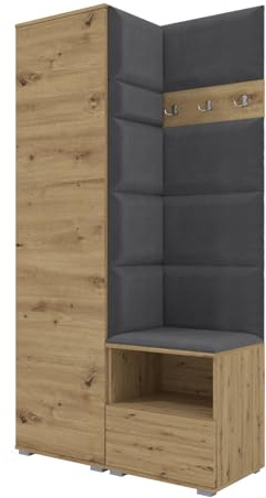 RAVIO Flurgarderobe 100 cm mit Kleiderschrank & Schuhschrank, Garderobenset Flur mit Sitzbank, Garderobenpaneel, Wandpolster & Push to Open Türen - Artisan Eiche/Wandpaneele Dunkelgrau