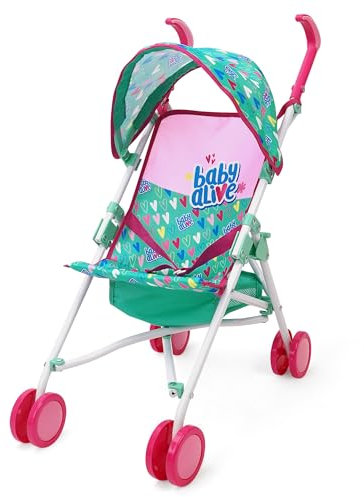 Baby Alive: Doll Umbrella Stroller - Green, Pink, Hearts - Accessory for Dolls Up to 24, Foldable Design, Retractable Canopy, Kids Toy, Ages 3+