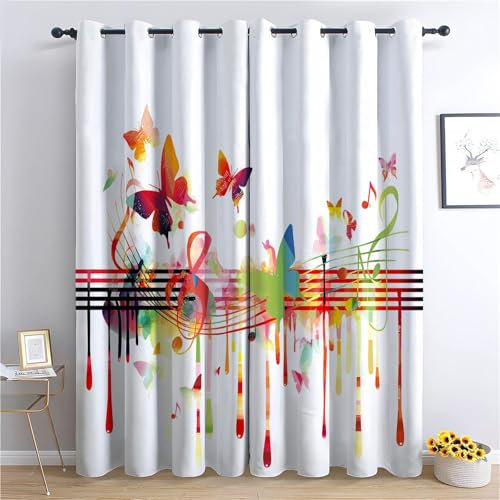 CozyRest Vorhang Blickdicht Thermovorhang Bunte Musiknoten Und Schmetterlinge Muster Gardinen Wohnzimmer Vorhänge Geräuschreduzierung Dekoration für Schlafzimmer Wohnzimmer Fenster 214 x 91.5 cm