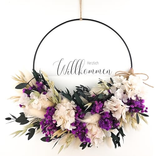 WIDEGO herzlich Willkommen Schild Trockenblumen Kranz | 20cm, 25cm & 30cm | Türkranz ganzjährig | Willkommen Kranz | Türschild | Haustürdeko (25cm)