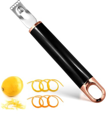 Stainless Steel Channel Knife, Multifunctional Lemon Zester Fruit Peeler with Hanging Loop Lemon Twist Peeler Fruit Peeler Citrus Zester Tool for Cocktail Kitchen Home Bar (Black Gold)