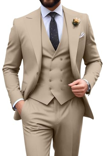 HUEZOE Mens Tuxedo Suit Champagne 3 Piece Slim Fit Jacket Double Breasted Vest Pants Set Formal Wedding Prom Suit X-Small