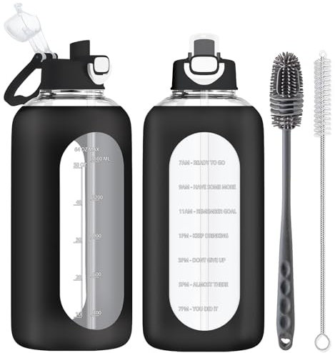 RNCKUUE 2 Liter Trinkflasche aus Glas, 2l Glasflasche, Wasserflasche Glas mit Strohhalm, Flaschenbürste, schwarz