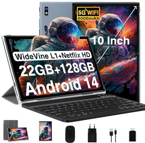 2026 Newest Android 14 Tablet 10 Pulgadas, 22GB RAM+128GB ROM/TF 2TB ,GPS ,5G+2.4G WiFi,Octa-Core 2.0GHz,8000mAh | Cuerpo Metálico | Widevine L1 | GMS Tablet 2 en 1 con Teclado, Funda y Ratón - Gris
