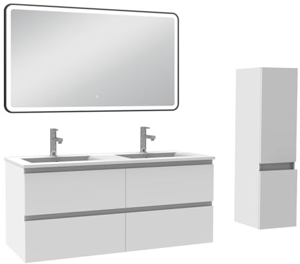 AICA Meuble Salle de Bain 120cm Double Vasque avec Colonne + Miroir 3 Couleurs Blanc