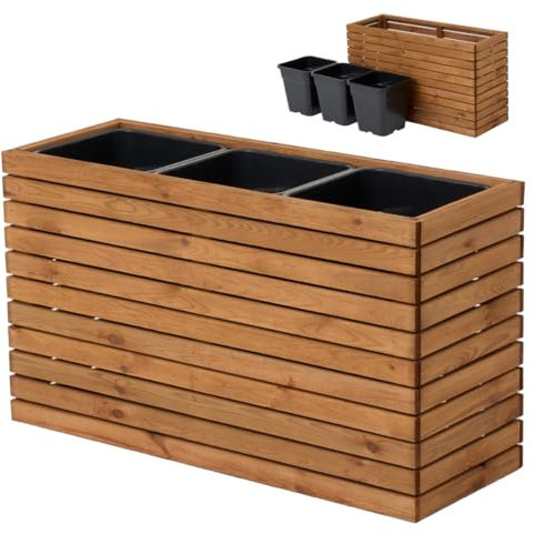 HOMERZO Pflanzkübel Holz – imprägniert wetterfest – mit herausnehmbarem Kunststoffeinsatz – Hochbeet Blumenkasten für Balkon Garten Terrasse (Horizontal-braun 98x36 H55 cm)
