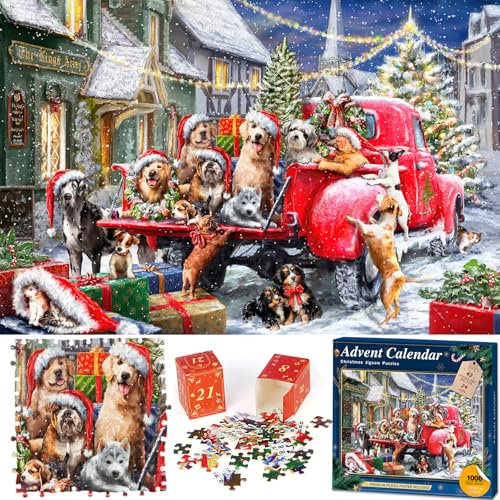 Puzzle Advent Calendar 2025 Jigsaw Puzzles - Christmas Dog's Car 1008 Pieces Jigsaw Puzzle 24 Days Countdown to Christmas Advent Calendar Puzzle for Adults and Kids Christmas Puzzles Gift