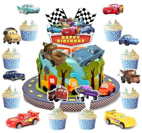 Cars Tortendeko, 21 Stücke Car Geburtstags Kuchen Dekoration, Auto Cake Topper, Tortendeko Kindergeburtstag, Küchendeko Kindergeburtstag, Kuchendeko Geburtstag fur Junge, Mädchen