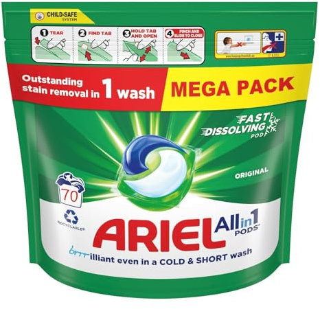 Ariel PODS® All-in-1 Detersivo liquido per bucato in capsule 70 lavaggi, originale, eccezionale rimozione delle macchie in 1 lavaggio, brrrilliant in freddo e corto