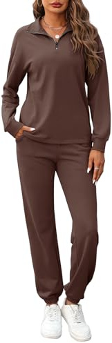 REORIA Women Cotton Half Zip Tracksuit Set Henley Neck Lounge Wear Sets Long Sleeve Two Piece Outfit Solid Color Co Ord Sets Coffee S