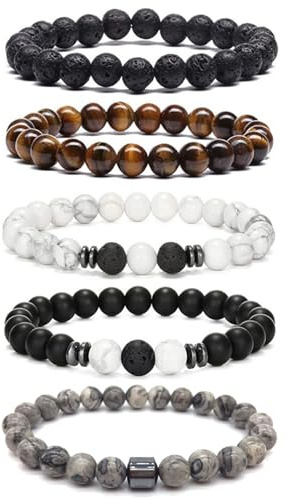 HTTDSLF Original Pulsera Hombre de Piedras Naturales 8 mm Pulseras Cuentas de Lava de Ojo de Tigre Elásticas Ajustables para Mujeres y Hombres, Regalo para Padre Novio Hermano, 5 piezas