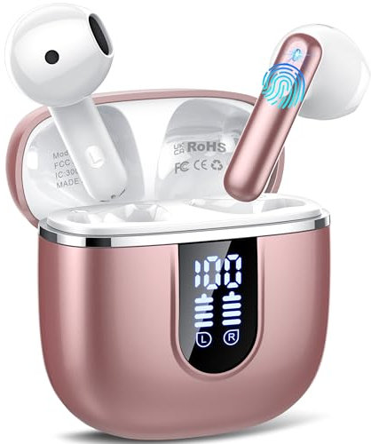 Wireless Earbuds, 2025 Bluetooth 5.4 Headphones in Ear with HiFi Stereo Deep Bass, 40H Wireless Earphones with 4 ENC Noise Cancelling Mic, Mini Bluetooth Ear Buds, IP7 Waterproof, USB-C Pink Gold