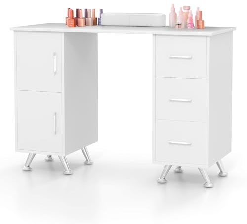 GOPLUS Table Manucure Professionnelle, 2 en 1 Bureau et Table Ongulaire, avec Repose-Poignet, 8 Pieds en Métal, 3 Tiroirs, 2 Armoires, Station de Travail en Bois, pour Salon de Beauté (Blanc)