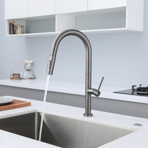 DILECI - Robinet de Cuisine avec Douchette Extractible – Mitigeur Bec Haut Pivotant 360° en Finition Gris Métallique - Jets Laminaire et Pluie – Installation Facile et Fonctionnalité Optimale