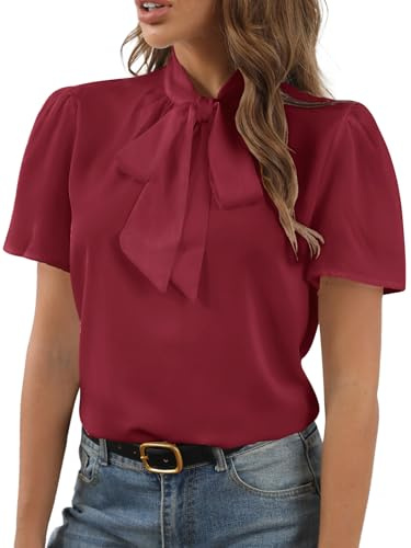 Rooscier Women's Bow Tie Knot Mock Neck Short Sleeve Elegant Workwear Blouse Shirt Top, Dark Red, L